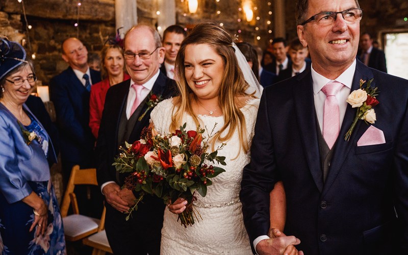 Ashbarton Estate - Bride in white in old chapel at Ash Barton wedding venue Devon 