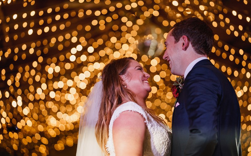 Ashbarton Estate - Bride and groom with fairy lights at Ash Barton wedding venue Devon
