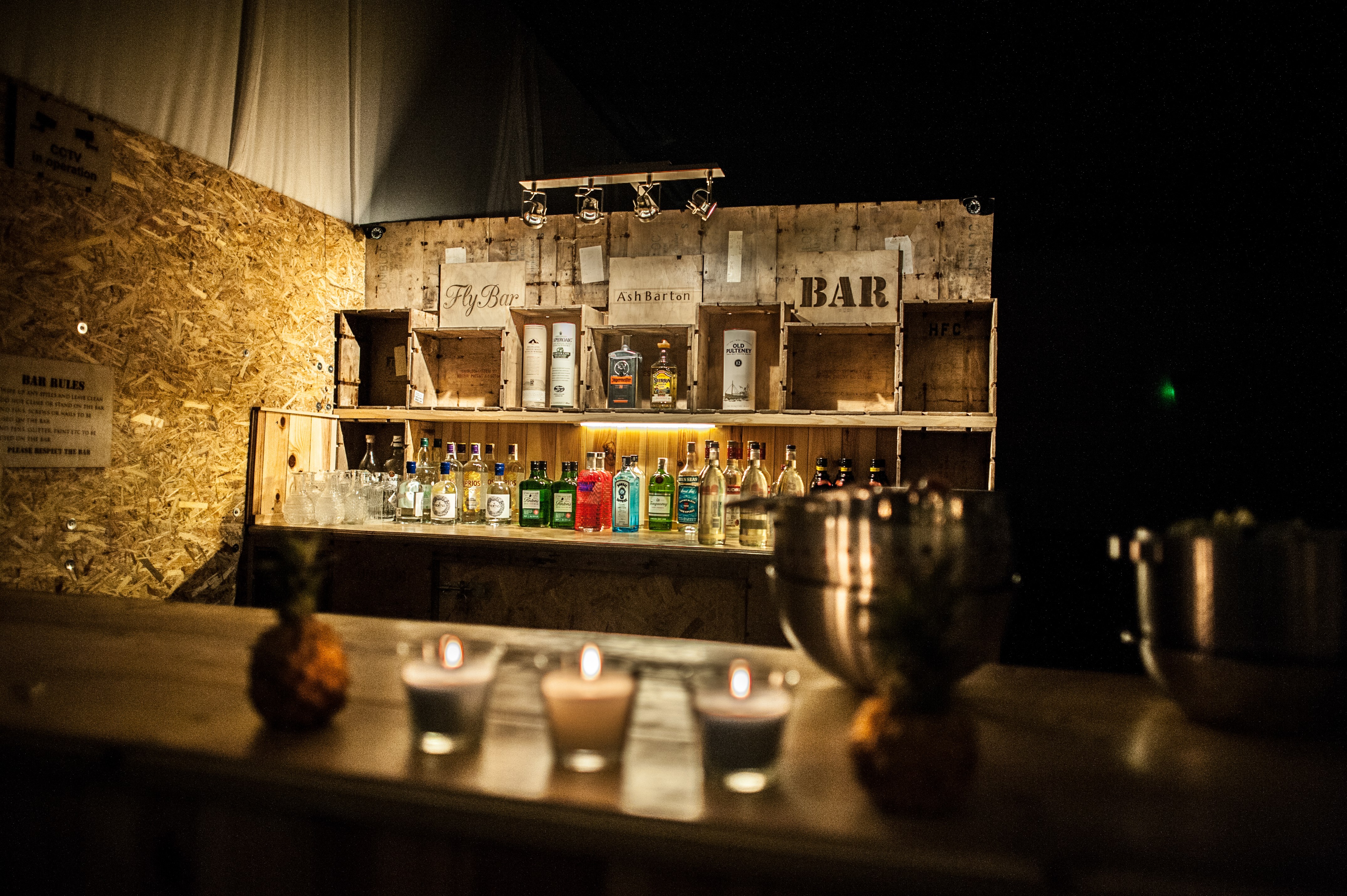 Bar set up on big party barn at Ash Barton wedding venue