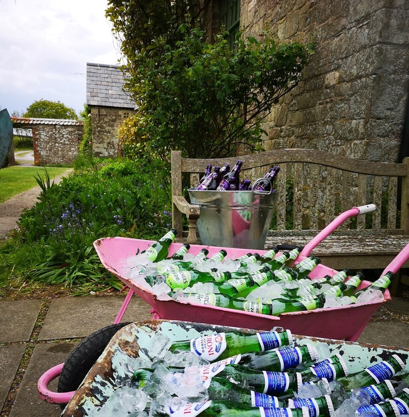 Bottles of cold beer in pink wheelbarrows at Ash Barton wedding venue