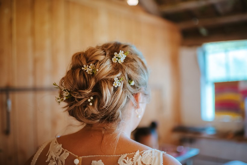 Bride with curled up do for wedding Ash Barton Devon