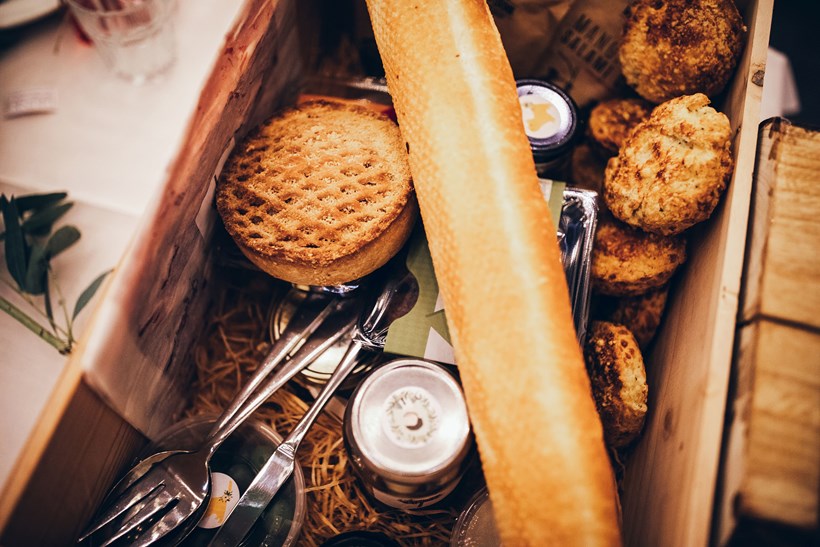 Picnic box with baguette and pies