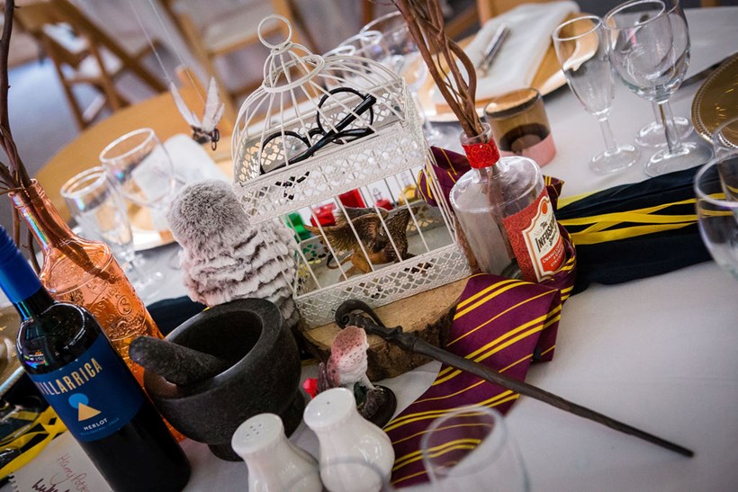 Harry Potter style table decorations at Ash Barton wedding venue Devon