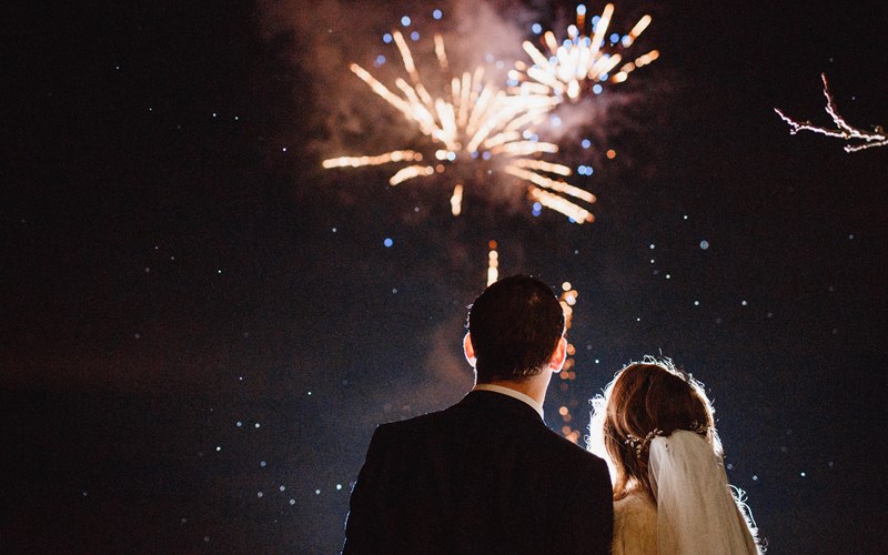 Ashbarton Estate - Bride and groom watch fireworks at Ash Barton wedding venue Devon