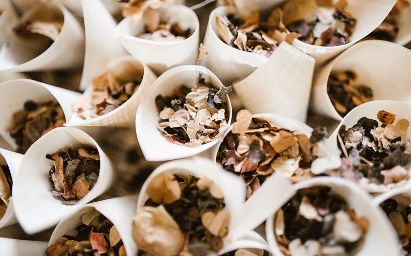 Ashbarton Estate - Close up of leaf confetti at Ash Barton wedding venue Devon 