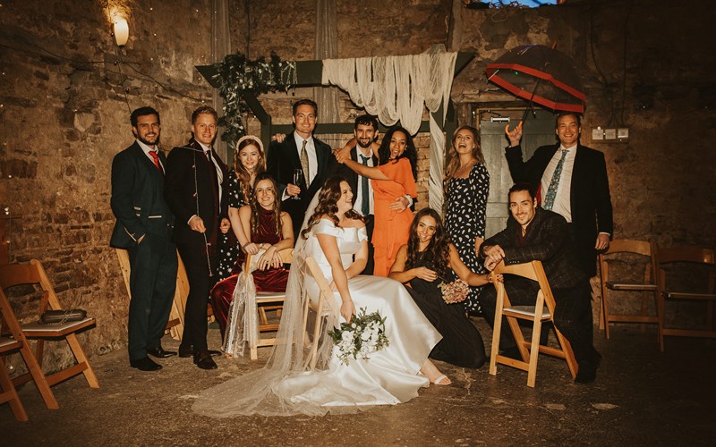 Ashbarton Estate - ride and groom in the old chapel with guest at Ash Barton wedding venue Devon