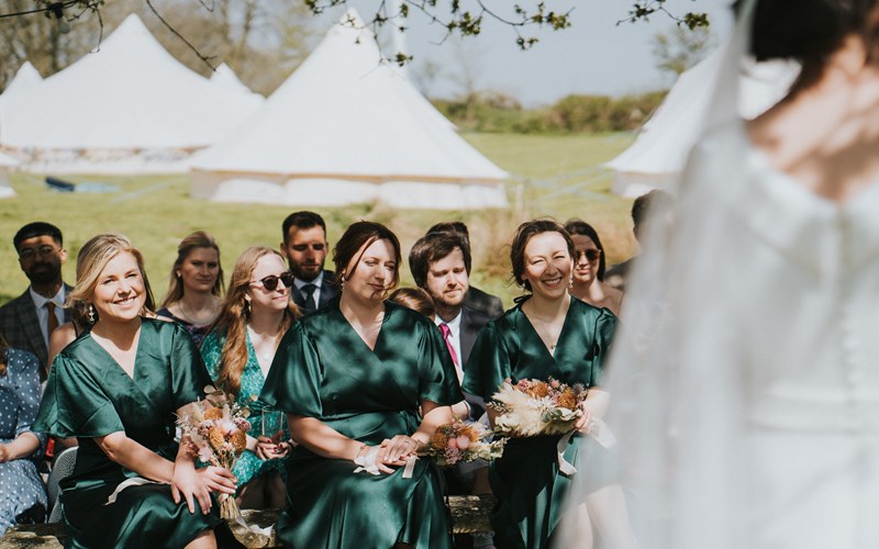 Ashbarton Estate - Bridesmaids under old oak tree at Ash Barton wedding venue Devon 