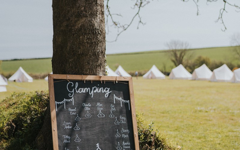 Ashbarton Estate - Chalkboard glamping sign at Ash Barton wedding venue Devon