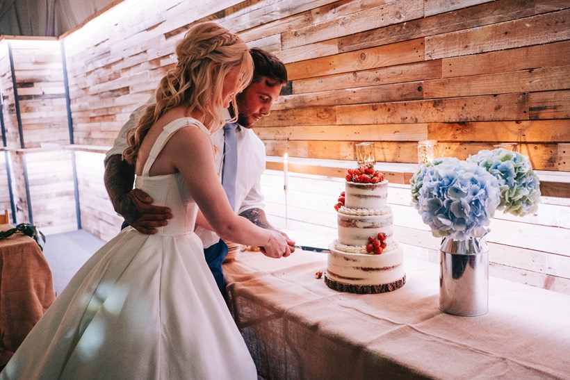 Bride and groom cutting the cake at Ash Barton wedding venue Devon